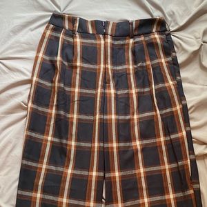 Navy Brown Plaid Boot Cut Dress Pants with Pockets